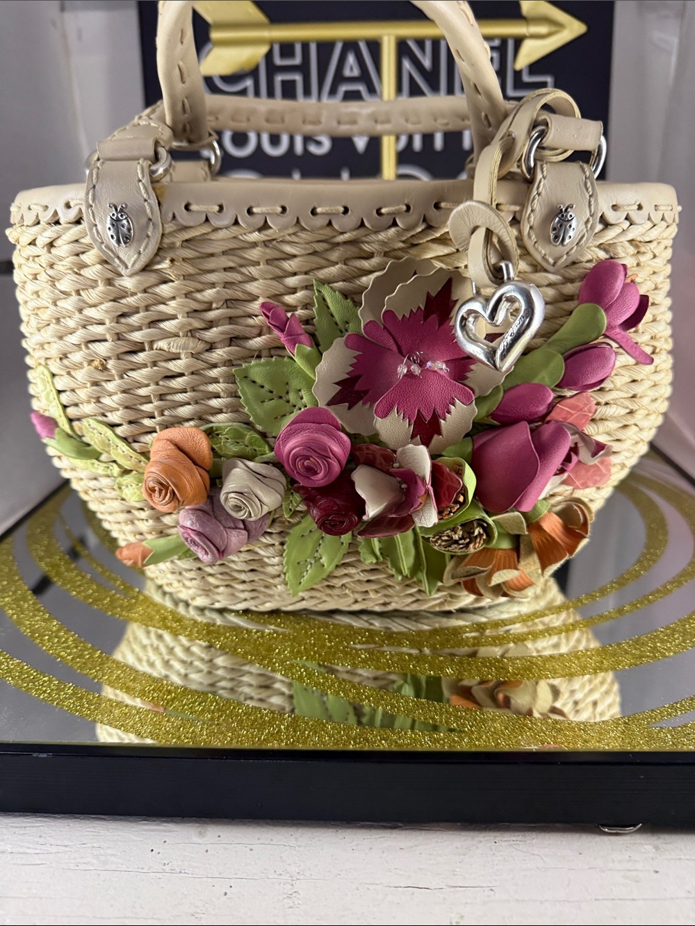 Brighton Cream Woven Tote with Multicolor Floral Appliqués - Picture 6 of 11